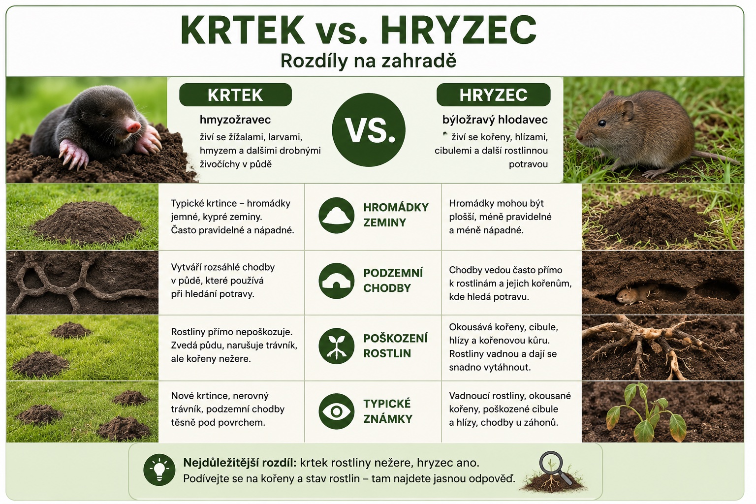 Krtek vs. hryzec – rozdíly podle krtinců, podzemních chodeb a poškození rostlin na zahradě